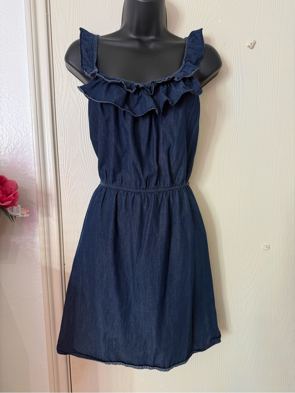 Lily Rose Dark Blue Ruffle-Trim Denim Mini Dress